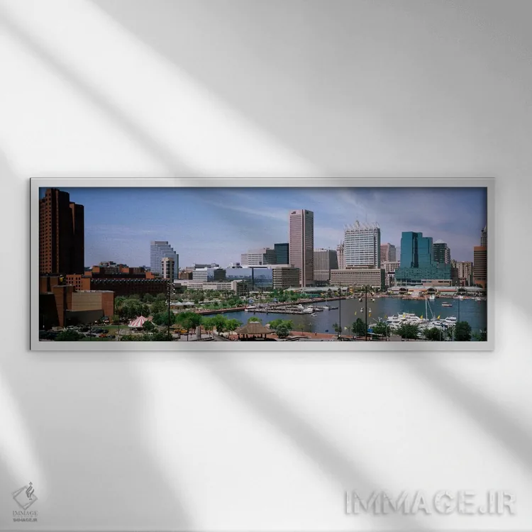 تابلو ایالات متحده، مریلند، بالتیمور، نمای بالا از بندر داخلی اثر پانورامیک ایمجز (استودیو عکاسی عریض) - نمای قابدار سفید