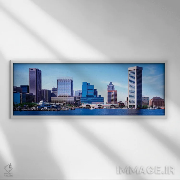تابلو ایالات متحده، مریلند، بالتیمور، آسمانخراشها در امتداد بندر داخلی اثر پانورامیک ایمجز (استودیو عکاسی عریض) - نمای قابدار سفید