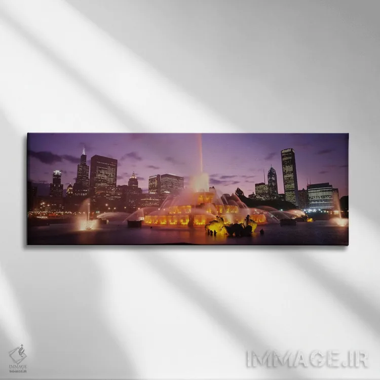 تابلو فواره باکینگهام در شب، شیکاگو، ایلینوی، ایالات متحده اثر پانورامیک ایمجز (استودیو عکاسی عریض) - نمای روبهرو روی دیوار