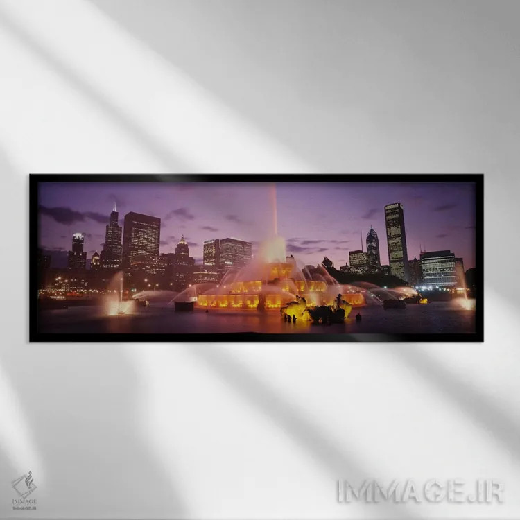 تابلو فواره باکینگهام در شب، شیکاگو، ایلینوی، ایالات متحده اثر پانورامیک ایمجز (استودیو عکاسی عریض) - نمای قابدار مشکی