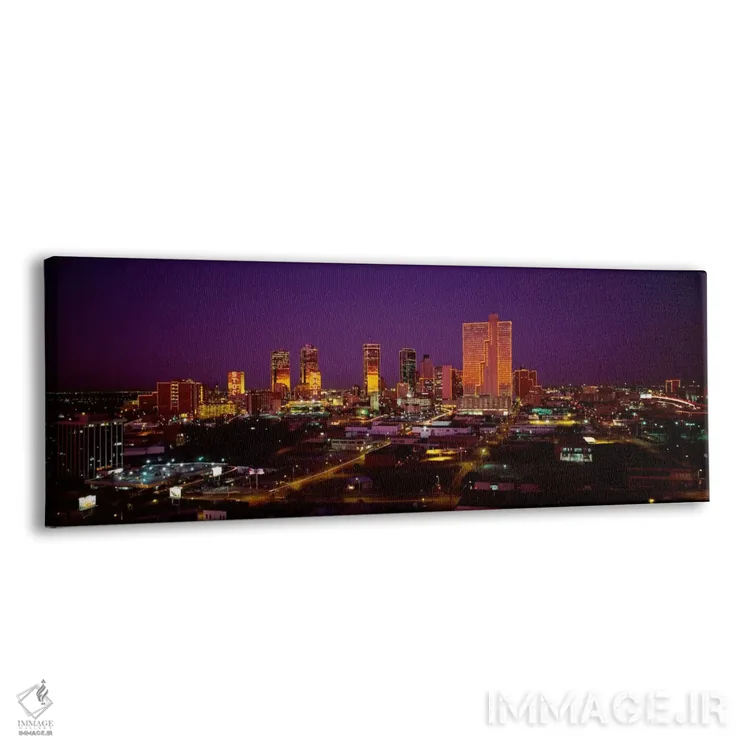 تابلو نمای بالا از آسمانخراشهایی که در شب روشن شدهاند، دالاس، تگزاس، ایالات متحده اثر پانورامیک ایمجز (استودیو عکاسی عریض) - نمای پرسپکتیو محصول