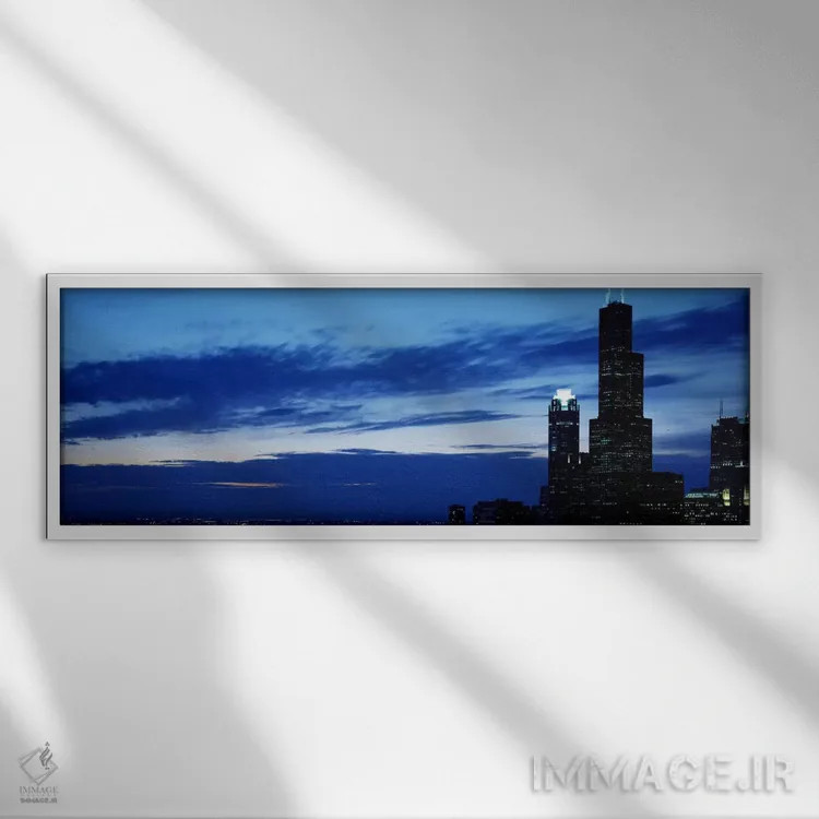 تابلو ساختمانها در یک شهر، برج سیارس، شیکاگو، شهرستان کوک، ایلینوی، ایالات متحده اثر پانورامیک ایمجز (استودیو عکاسی عریض) - نمای قابدار سفید
