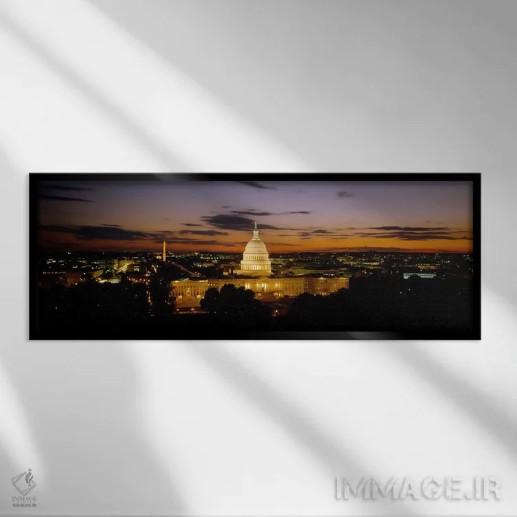 تابلو ساختمان دولتی روشنشده در شب، ساختمان کنگره ایالات متحده، واشنگتن دی سی، ایالات متحده اثر پانورامیک ایمجز (استودیو عکاسی عریض) - نمای قابدار مشکی