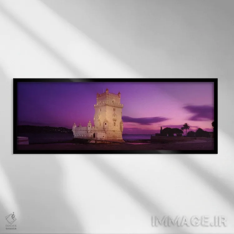 تابلو برج بلم روشنشده (برج سنت وینسنت) در شب، سانتا ماریا د بلم، لیسبون، پرتغال اثر پانورامیک ایمجز (استودیو عکاسی عریض) - نمای قابدار مشکی