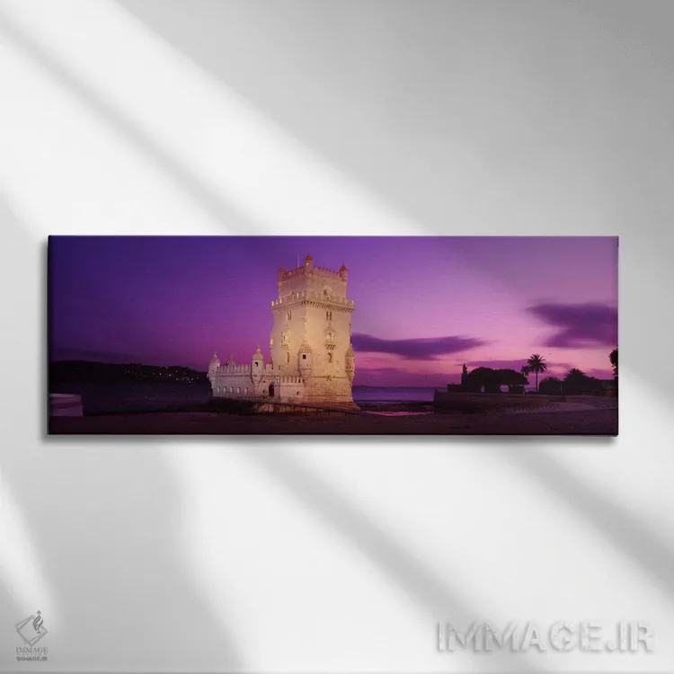 تابلو برج بلم روشنشده (برج سنت وینسنت) در شب، سانتا ماریا د بلم، لیسبون، پرتغال اثر پانورامیک ایمجز (استودیو عکاسی عریض) - نمای روبهرو روی دیوار