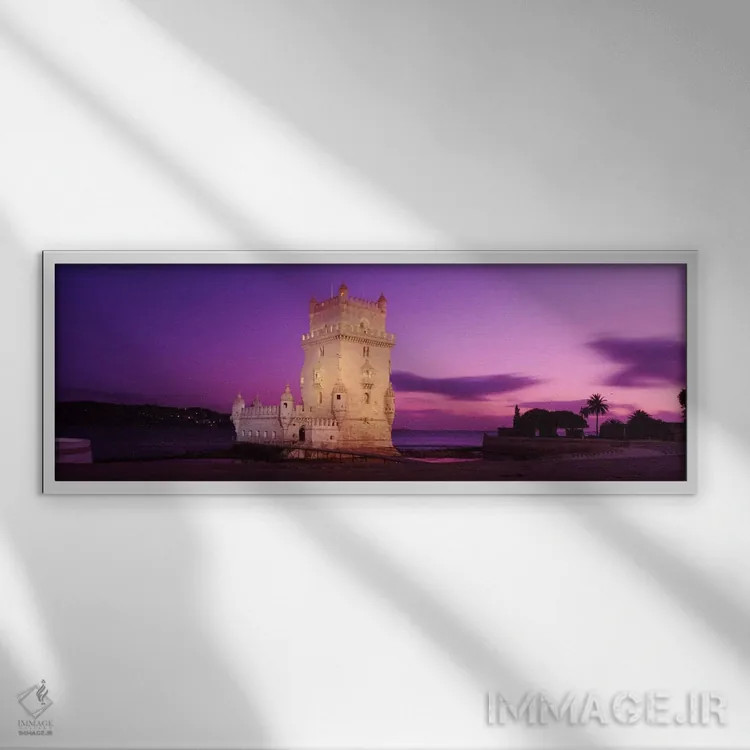 تابلو برج بلم روشنشده (برج سنت وینسنت) در شب، سانتا ماریا د بلم، لیسبون، پرتغال اثر پانورامیک ایمجز (استودیو عکاسی عریض) - نمای قابدار سفید