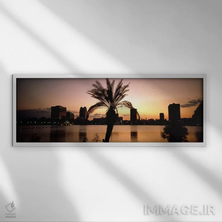 تابلو سیلوئت ساختمانها در کنار دریاچه اولا، پارک سامرلین، اورلاندو، شهرستان اورنج، فلوریدا، ایالات متحده آمریکا اثر پانورامیک ایمجز (استودیو عکاسی عریض) - نمای قابدار سفید