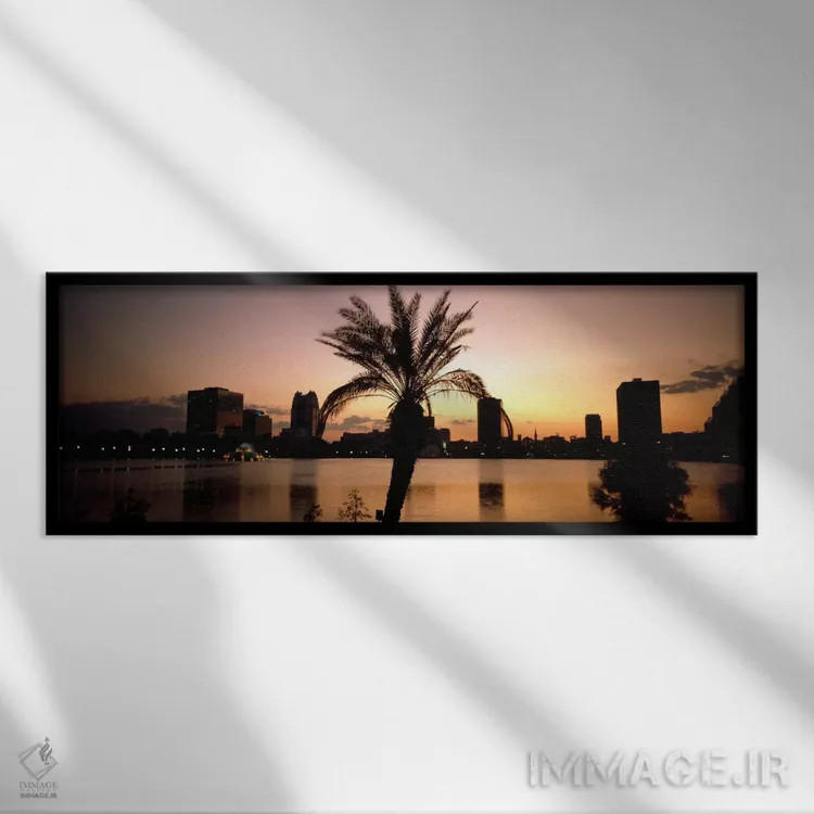 تابلو سیلوئت ساختمانها در کنار دریاچه اولا، پارک سامرلین، اورلاندو، شهرستان اورنج، فلوریدا، ایالات متحده آمریکا اثر پانورامیک ایمجز (استودیو عکاسی عریض) - نمای قابدار مشکی