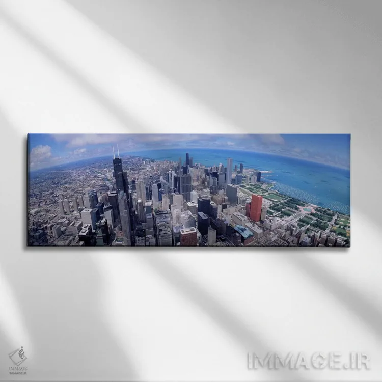تابلو نمای هوایی از یک شهر، شیکاگو، ایلینوی، ایالات متحده آمریکا اثر پانورامیک ایمجز (استودیو عکاسی عریض) - نمای روبهرو روی دیوار