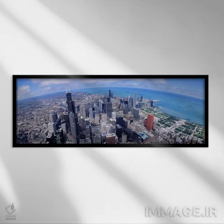 تابلو نمای هوایی از یک شهر، شیکاگو، ایلینوی، ایالات متحده آمریکا اثر پانورامیک ایمجز (استودیو عکاسی عریض) - نمای قابدار مشکی