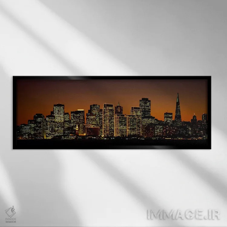 تابلو آسمانخراشها روشن شده در شب، سانفرانسیسکو، کالیفرنیا، ایالات متحده آمریکا اثر پانورامیک ایمجز (استودیو عکاسی عریض) - نمای قابدار مشکی