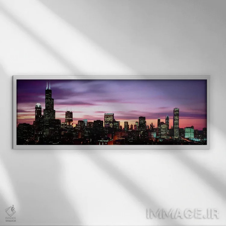 تابلو آسمانخراشها در غروب، شیکاگو، ایلینوی، ایالات متحده آمریکا اثر پانورامیک ایمجز (استودیو عکاسی عریض) - نمای قابدار سفید