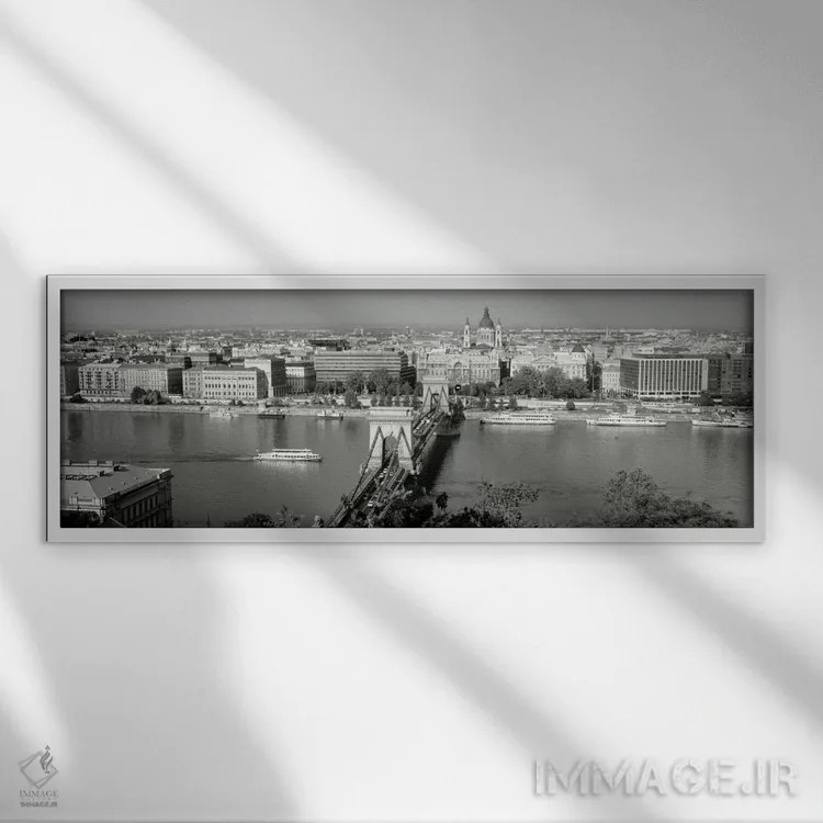 تابلو پل زنجیری روی رودخانه دانوب، بوداپست، مجارستان اثر پانورامیک ایمجز (استودیو عکاسی عریض) - نمای قابدار سفید