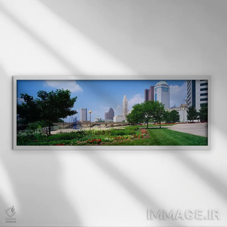 تابلو باغ در مقابل آسمانخراشها در یک شهر، رودخانه سیوتو، کلمبوس، اوهایو، ایالات متحده آمریکا اثر پانورامیک ایمجز (استودیو عکاسی عریض) - نمای قابدار سفید