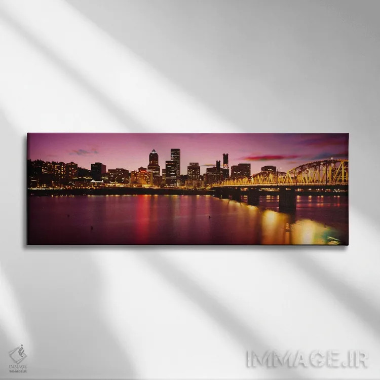 تابلو آسمانخراشهای روشن شده در هنگام غروب، رودخانه ویلامت، پورتلند، اورگان، ایالات متحده آمریکا اثر پانورامیک ایمجز (استودیو عکاسی عریض) - نمای روبهرو روی دیوار