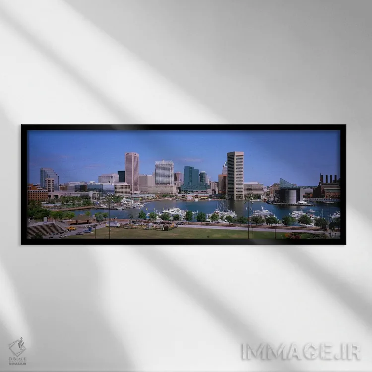 تابلو نمای افق بندر داخلی، بالتیمور، مریلند، ایالات متحده آمریکا اثر پانورامیک ایمجز (استودیو عکاسی عریض) - نمای قابدار مشکی