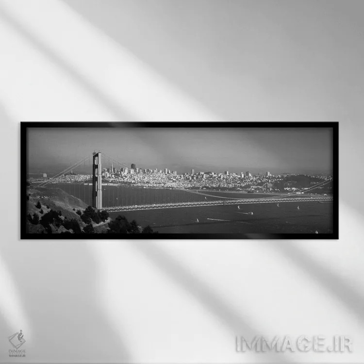 تابلو نمای بالا از یک پل معلق بر فراز دریا، پل گلدن گیت، سانفرانسیسکو، کالیفرنیا، ایالات متحده آمریکا اثر پانورامیک ایمجز (استودیو عکاسی عریض) - نمای قابدار مشکی
