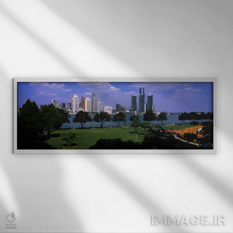 تابلو درختان در یک پارک با ساختمانهایی در پسزمینه، دیترویت، شهرستان وین، میشیگان، ایالات متحده آمریکا اثر پانورامیک ایمجز (استودیو عکاسی عریض) - نمای قابدار سفید