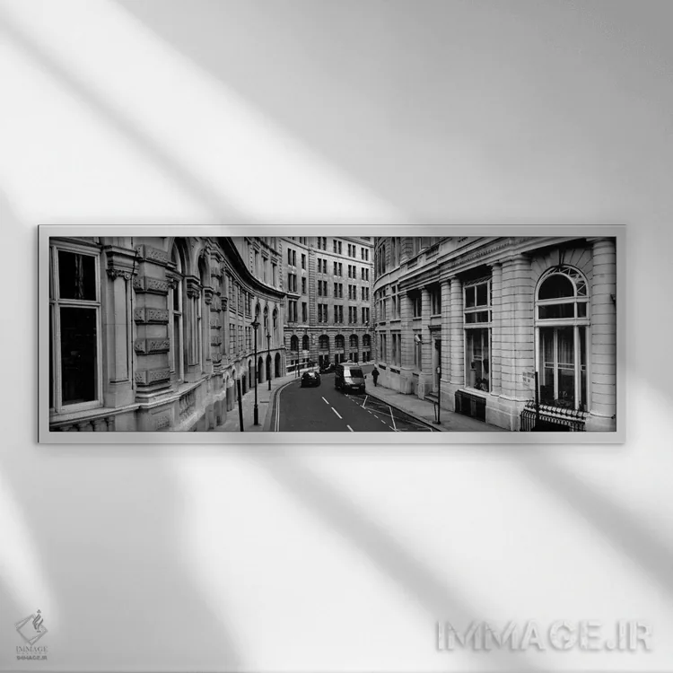 تابلو ساختمانها در طول یک جاده، لندن، انگلستان اثر پانورامیک ایمجز (استودیو عکاسی عریض) - نمای قابدار سفید
