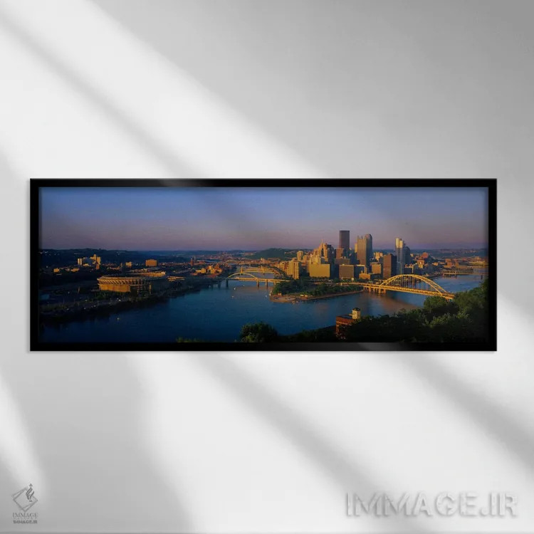 تابلو نمای بالا از یک شهر، استادیوم سه رودخانه، پیتسبورگ، پنسیلوانیا، ایالات متحده آمریکا اثر پانورامیک ایمجز (استودیو عکاسی عریض) - نمای قابدار مشکی