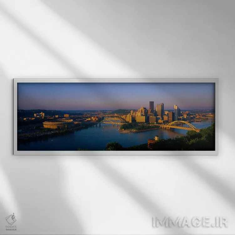 تابلو نمای بالا از یک شهر، استادیوم سه رودخانه، پیتسبورگ، پنسیلوانیا، ایالات متحده آمریکا اثر پانورامیک ایمجز (استودیو عکاسی عریض) - نمای قابدار سفید