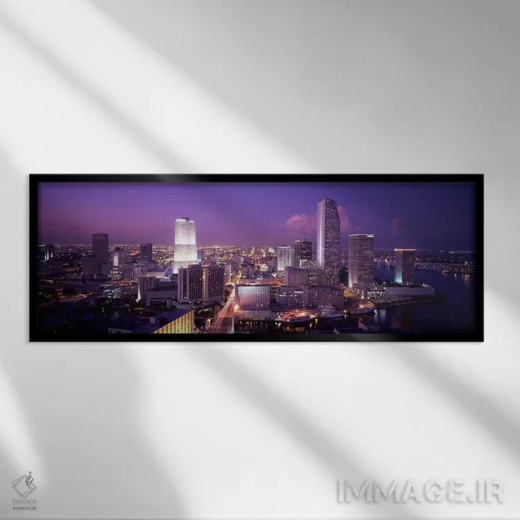 تابلو نمای بالا از یک شهر، میامی، فلوریدا، ایالات متحده آمریکا اثر پانورامیک ایمجز (استودیو عکاسی عریض) - نمای قابدار مشکی