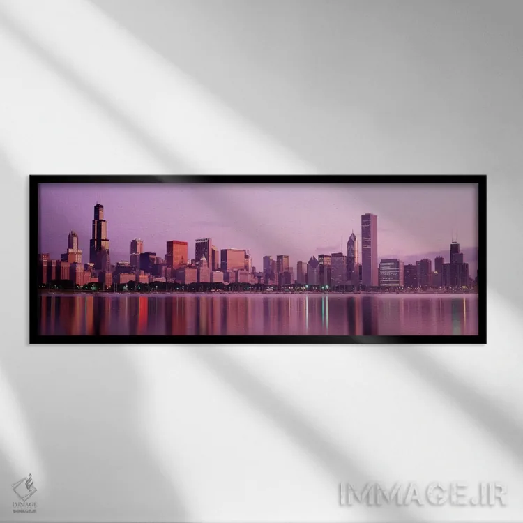 تابلو شهری در کنار آب، شیکاگو، ایلینوی، ایالات متحده آمریکا اثر پانورامیک ایمجز (استودیو عکاسی عریض) - نمای قابدار مشکی