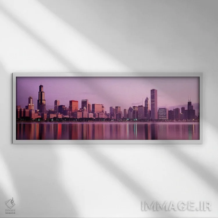 تابلو شهری در کنار آب، شیکاگو، ایلینوی، ایالات متحده آمریکا اثر پانورامیک ایمجز (استودیو عکاسی عریض) - نمای قابدار سفید