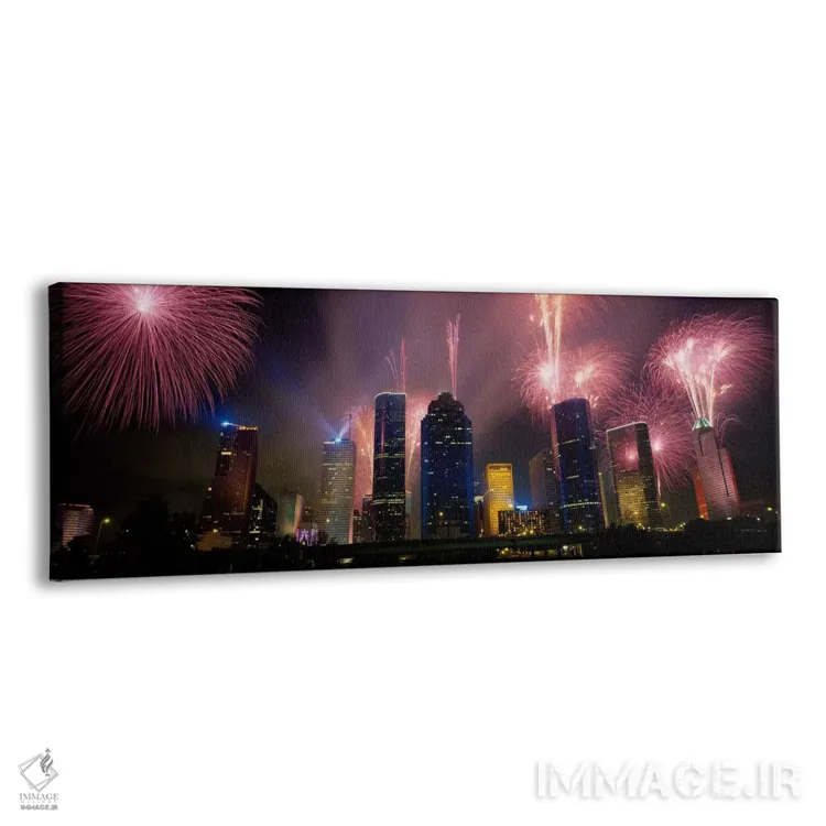 تابلو آتشبازی در بالای ساختمانها در یک شهر، هوستون، تگزاس، آمریکا اثر پانورامیک ایمجز (استودیو عکاسی عریض) - نمای پرسپکتیو محصول