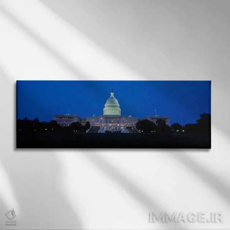 تابلو ساختمان دولتی روشن در غروب، ساختمان کنگره، واشنگتن دیسی، آمریکا اثر پانورامیک ایمجز (استودیو عکاسی عریض) - نمای روبهرو روی دیوار