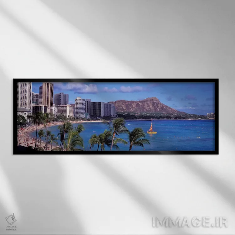 تابلو ساحل وایکیکی، هونولولو، هاوایی، آمریکا اثر پانورامیک ایمجز (استودیو عکاسی عریض) - نمای قابدار مشکی