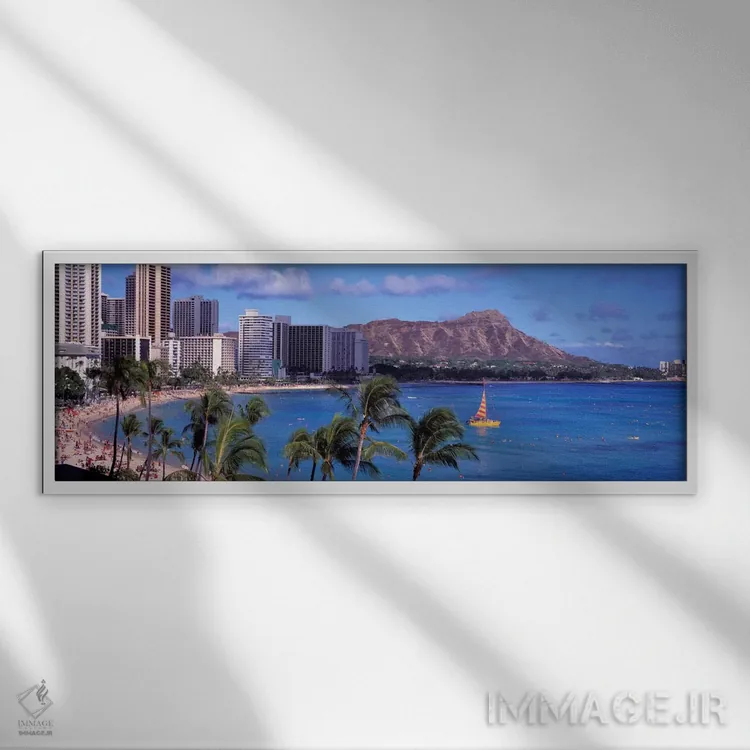 تابلو ساحل وایکیکی، هونولولو، هاوایی، آمریکا اثر پانورامیک ایمجز (استودیو عکاسی عریض) - نمای قابدار سفید