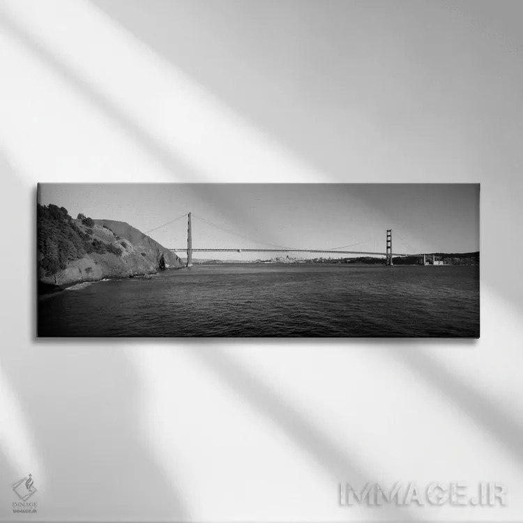 تابلو پل معلق بر فراز دریا، پل گلدن گیت، سانفرانسیسکو، کالیفرنیا، آمریکا (سیاه و سفید) اثر پانورامیک ایمجز (استودیو عکاسی عریض) - نمای روبهرو روی دیوار