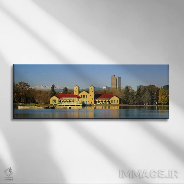 تابلو ساختمانها در کنار آب، پاویلیون پارک شهری، دنور، کلرادو، آمریکا اثر پانورامیک ایمجز (استودیو عکاسی عریض) - نمای روبهرو روی دیوار