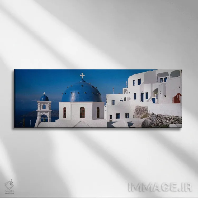 تابلو یونان، سانتورینی، فیرات، کلیسای آناستاسیوس، گنبد آبی بر روی یک کلیسا اثر پانورامیک ایمجز (استودیو عکاسی عریض) - نمای روبهرو روی دیوار