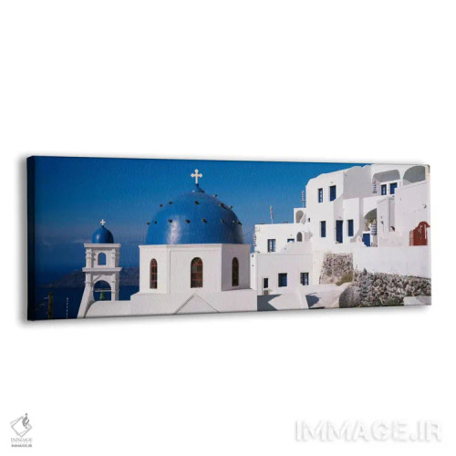 تابلو یونان، سانتورینی، فیرات، کلیسای آناستاسیوس، گنبد آبی بر روی یک کلیسا اثر پانورامیک ایمجز (استودیو عکاسی عریض) - نمای پرسپکتیو محصول