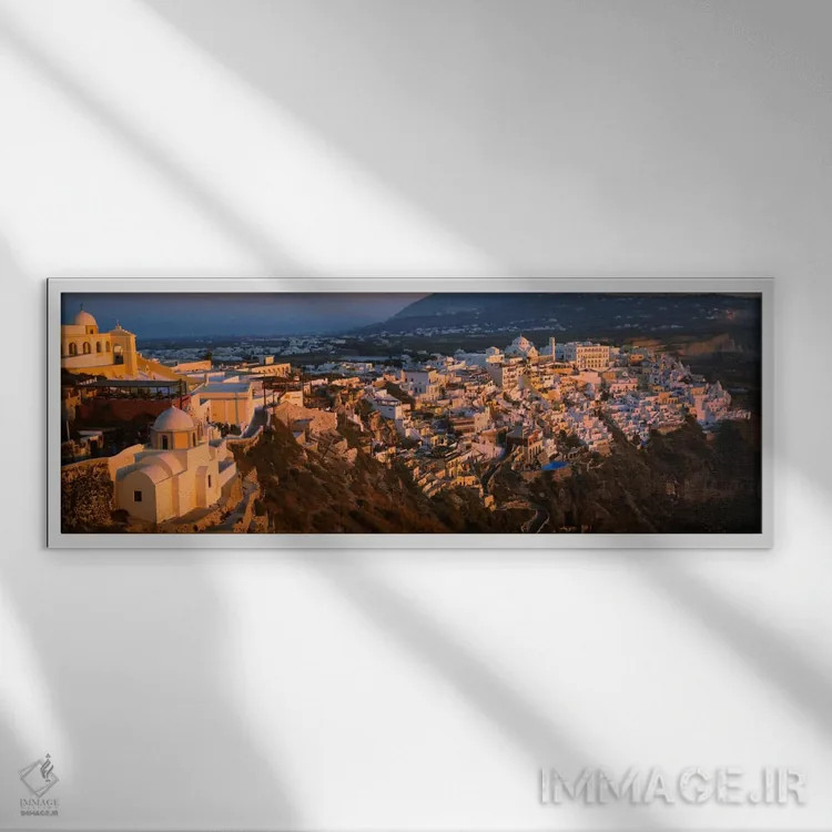 تابلو نمای زاویه بالا از ساختمانها در یک شهر، فیرات، سانتورینی، جزایر کیکلاد، یونان اثر پانورامیک ایمجز (استودیو عکاسی عریض) - نمای قابدار سفید