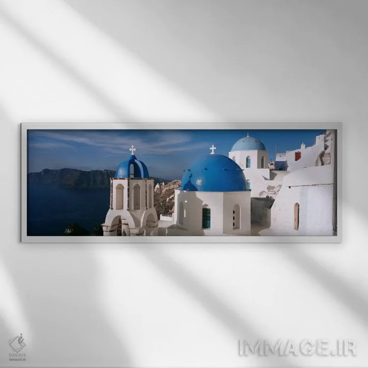 تابلو نمای زاویه بالا از یک کلیسا، کلیسای آناستاسیوس، فیرات، سانتورینی، یونان اثر پانورامیک ایمجز (استودیو عکاسی عریض) - نمای قابدار سفید