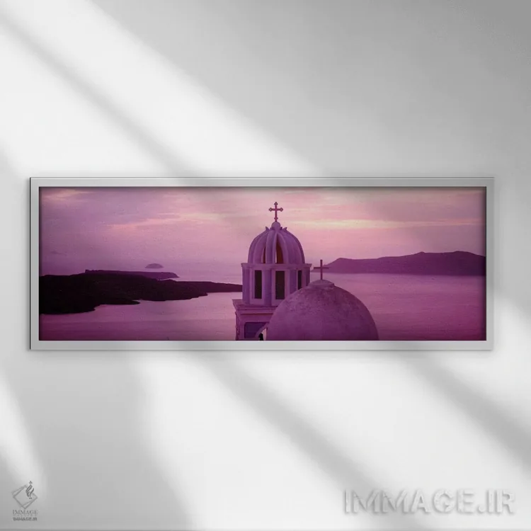 تابلو سیلوئت یک کلیسا، کلیسای سانتورینی، یونان اثر پانورامیک ایمجز (استودیو عکاسی عریض) - نمای قابدار سفید