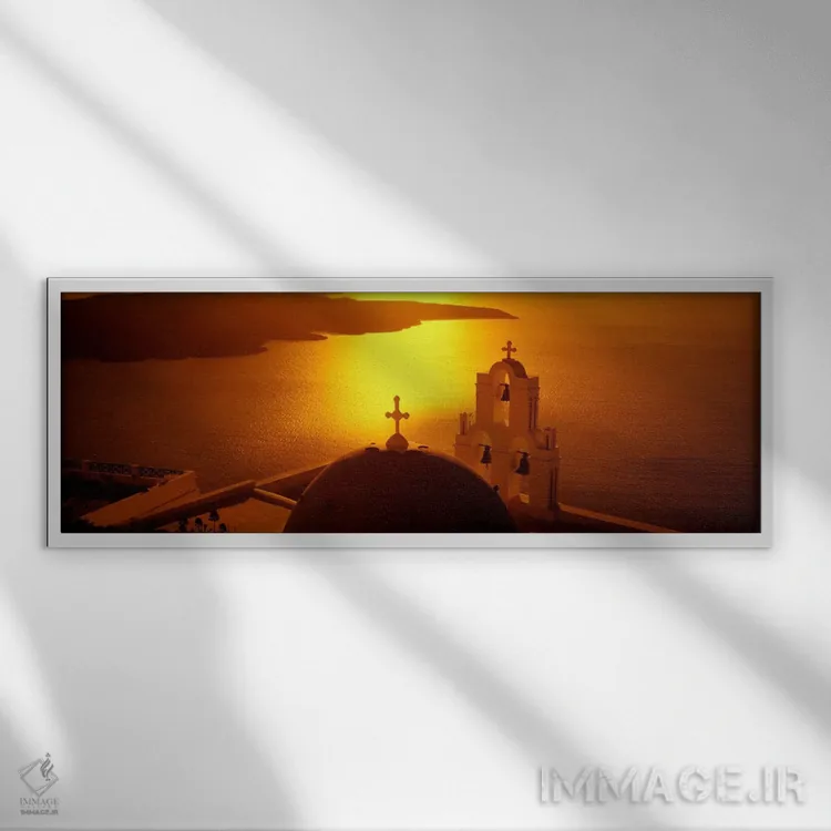 تابلو یونان، سانتورینی، فیرات، کلیسای آناستاسیوس، نمای زاویه بالا از یک کلیسا اثر پانورامیک ایمجز (استودیو عکاسی عریض) - نمای قابدار سفید
