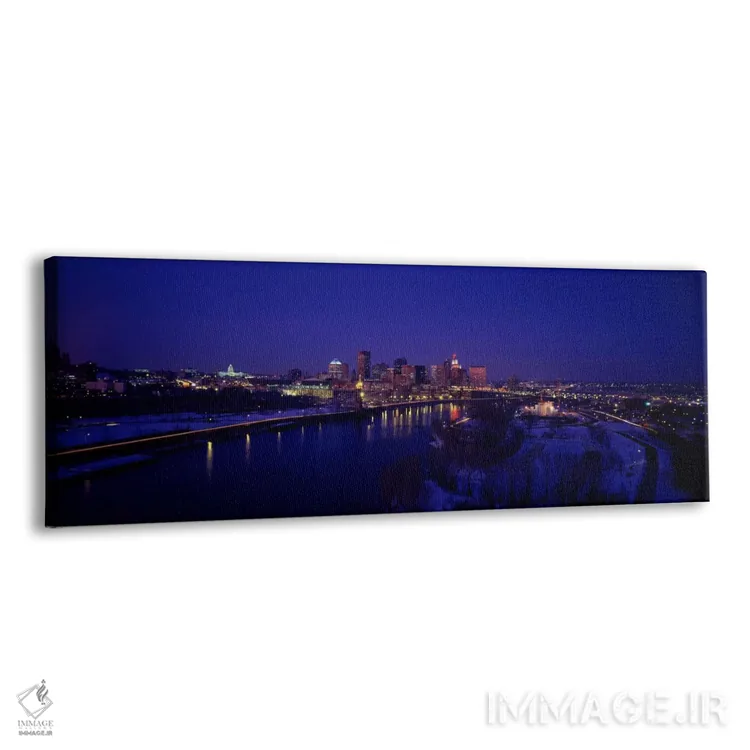 تابلو بازتاب ساختمانها در رودخانه در شب، رودخانه میسیسیپی، مینیاپولیس و سنت پل، مینهسوتا، آمریکا اثر پانورامیک ایمجز (استودیو عکاسی عریض) - نمای پرسپکتیو محصول