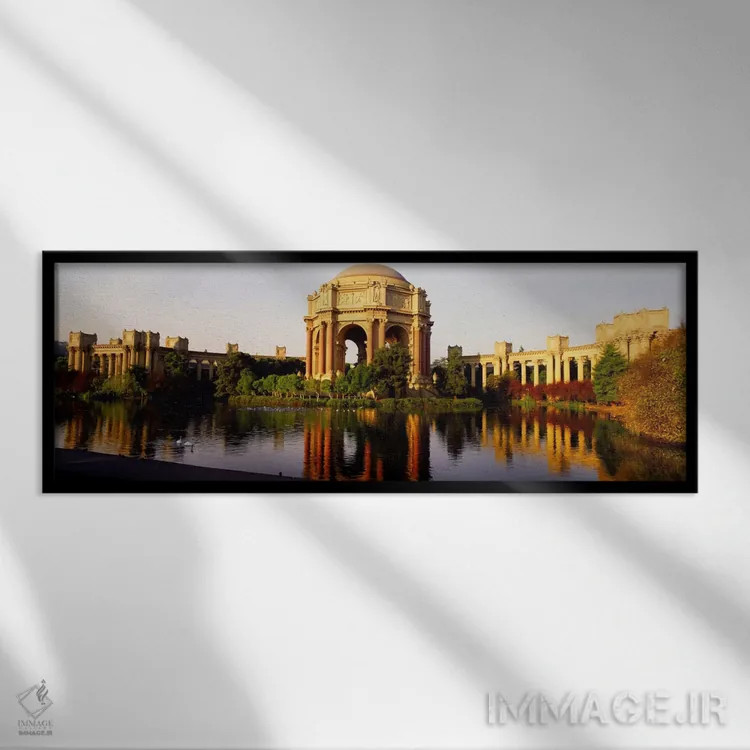 تابلو ساختمانها در کنار آب، کاخ هنرهای زیبا، سانفرانسیسکو، کالیفرنیا، آمریکا اثر پانورامیک ایمجز (استودیو عکاسی عریض) - نمای قابدار مشکی