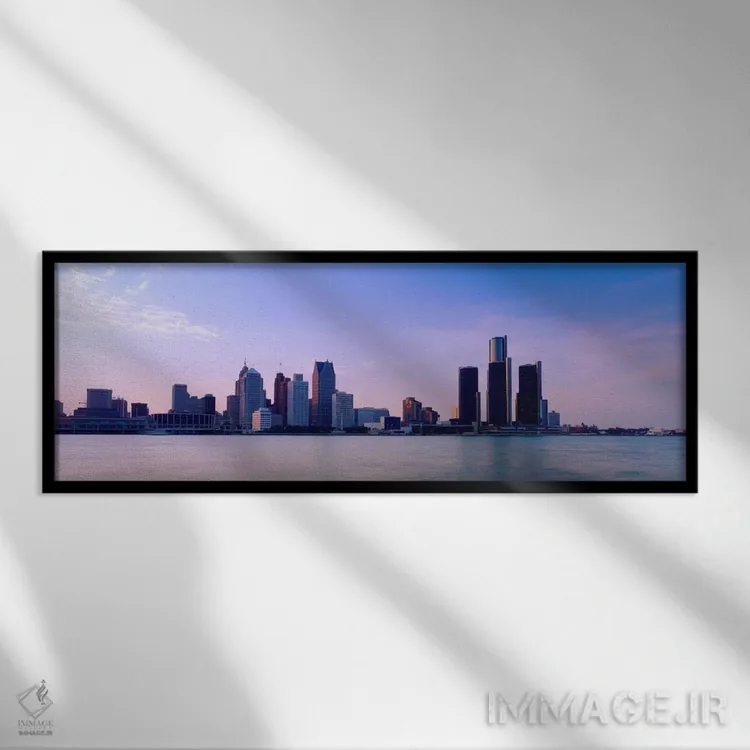 تابلو ساختمانها در کنار آب، دیترویت، میشیگان، آمریکا اثر پانورامیک ایمجز (استودیو عکاسی عریض) - نمای قابدار مشکی