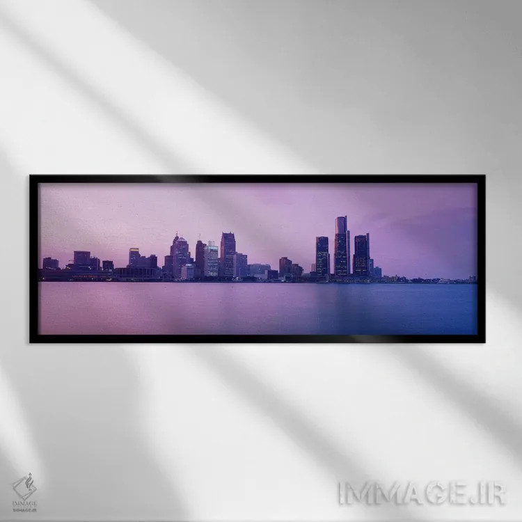 تابلو آسمانخراشها در کنار آب، دیترویت، میشیگان، آمریکا اثر پانورامیک ایمجز (استودیو عکاسی عریض) - نمای قابدار مشکی
