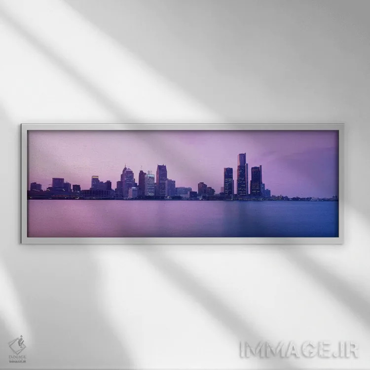 تابلو آسمانخراشها در کنار آب، دیترویت، میشیگان، آمریکا اثر پانورامیک ایمجز (استودیو عکاسی عریض) - نمای قابدار سفید