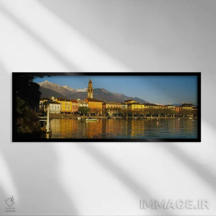 تابلو شهر در کنار آب، آسکونا، تیسینو، سوئیس اثر پانورامیک ایمجز (استودیو عکاسی عریض) - نمای قابدار مشکی