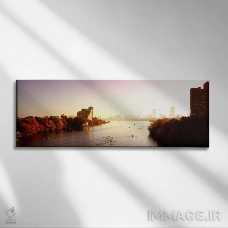 تابلو "قایقها در رودخانه با نمای شهری در پسزمینه، رقابتهای هدل چارلز، رودخانه چارلز، بوستون، ماساچوست، ایالات متحده آمریکا" اثر پانورامیک ایمجز (استودیو عکاسی عریض) - نمای روبهرو روی دیوار