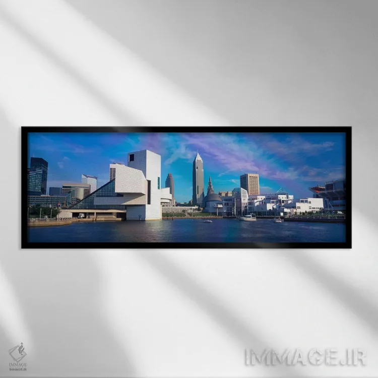 تابلو "ساختمانها در کنار ساحل، کلیولند، اوهایو، ایالات متحده آمریکا" اثر پانورامیک ایمجز (استودیو عکاسی عریض) - نمای قابدار مشکی