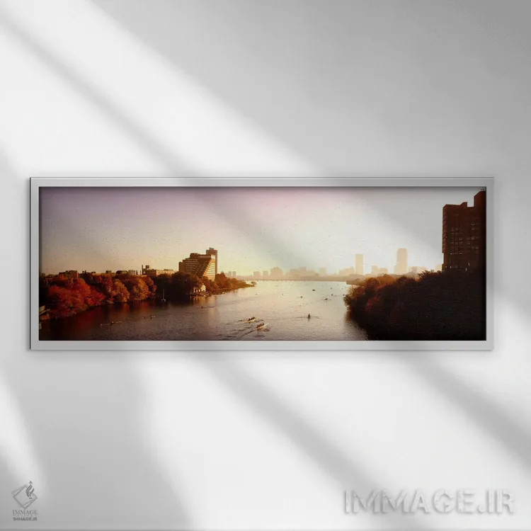تابلو "قایقها در رودخانه با نمای شهری در پسزمینه، رقابتهای هدل چارلز، رودخانه چارلز، بوستون، ماساچوست، ایالات متحده آمریکا" اثر پانورامیک ایمجز (استودیو عکاسی عریض) - نمای قابدار سفید