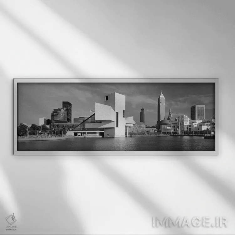 تابلو "ساختمانها در کنار ساحل، سالن مشاهیر راک اند رول، کلیولند، اوهایو، ایالات متحده آمریکا" اثر پانورامیک ایمجز (استودیو عکاسی عریض) - نمای قابدار سفید